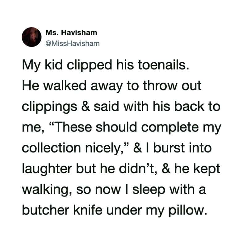 A social media post about a kid clipping toenails and walking away.