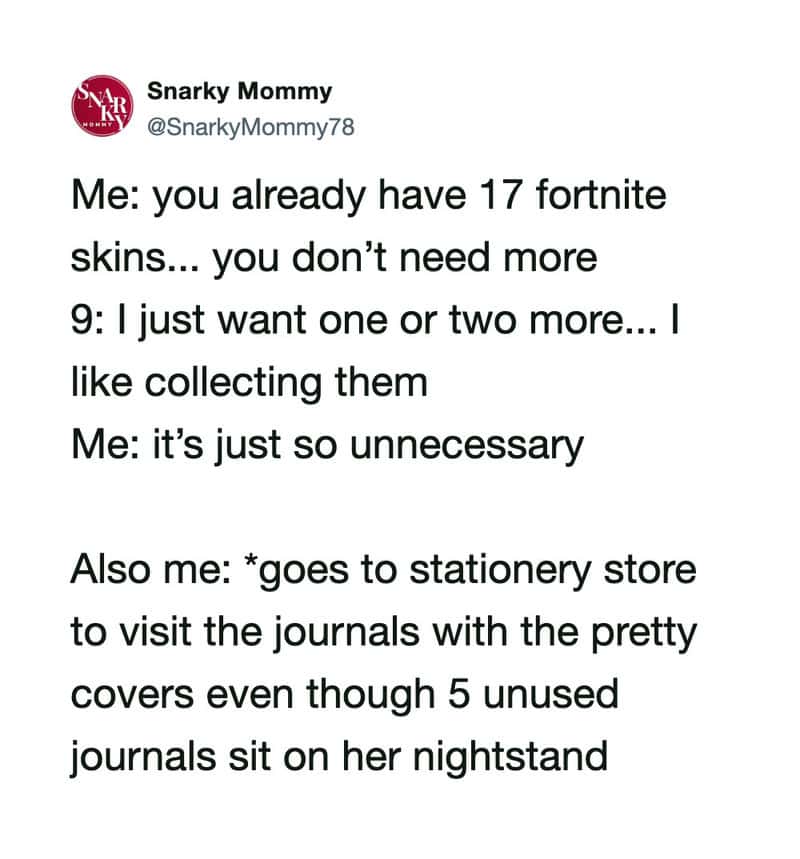 Humorous text about collecting Fortnite skins and visiting stationery store for journals.