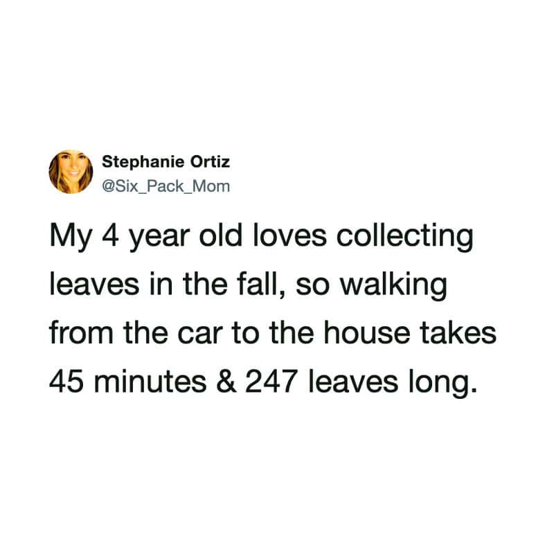 Four-year-old collecting leaves in fall, walking from car to house.