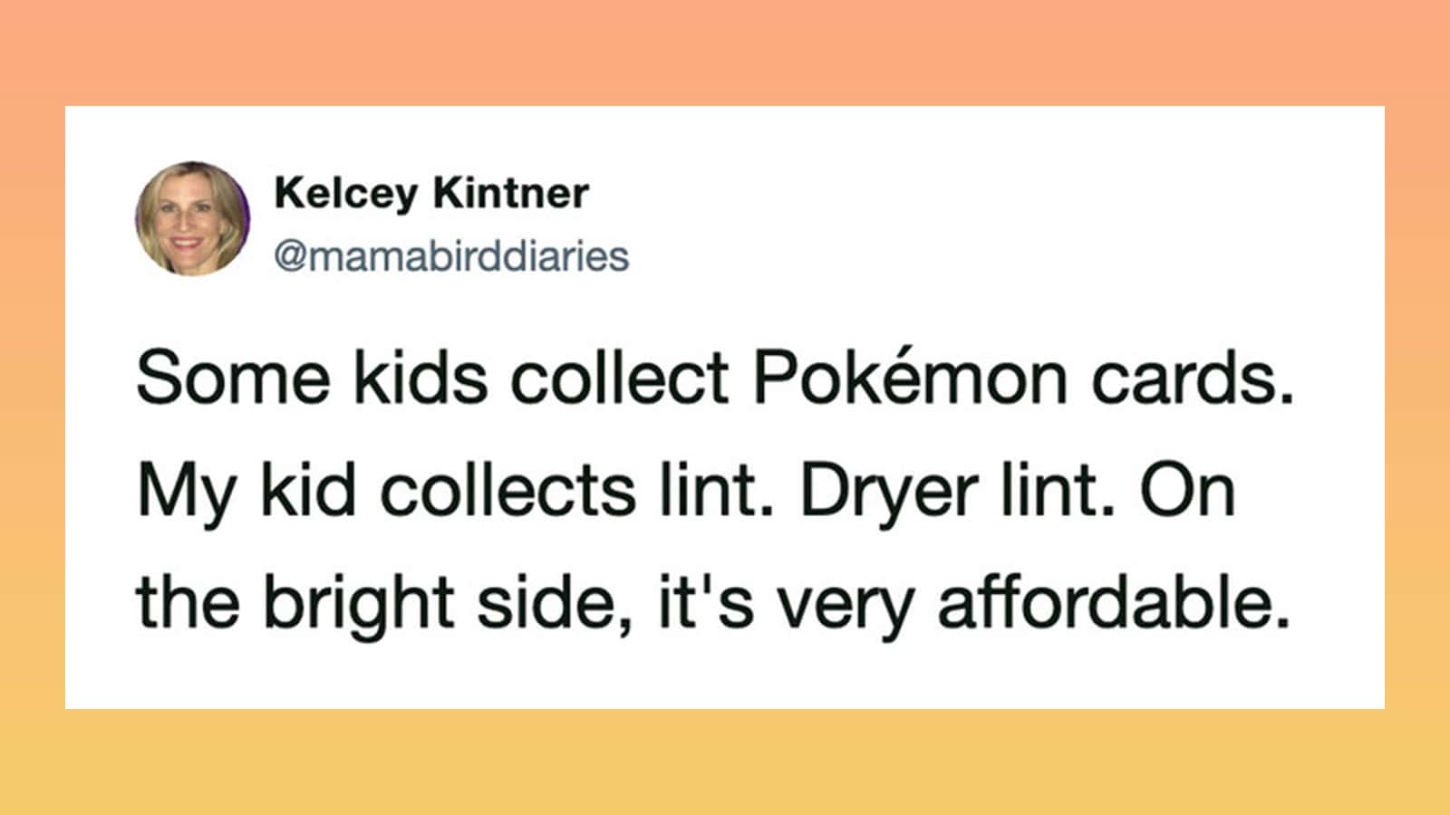 Kids collect Pokémon cards and lint, including dryer lint, which is very affordable.