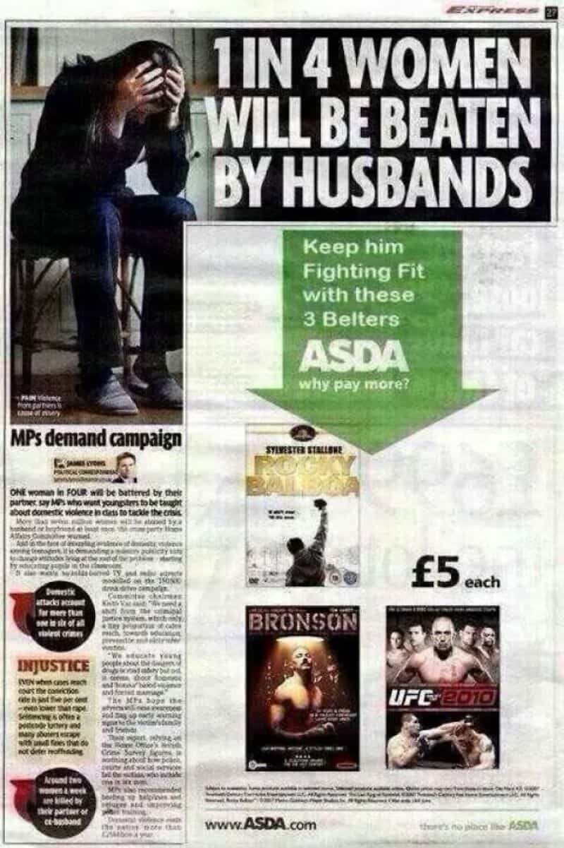 1 in 4 women will be beaten by husbands, with an ad for ASDA fitness belts.