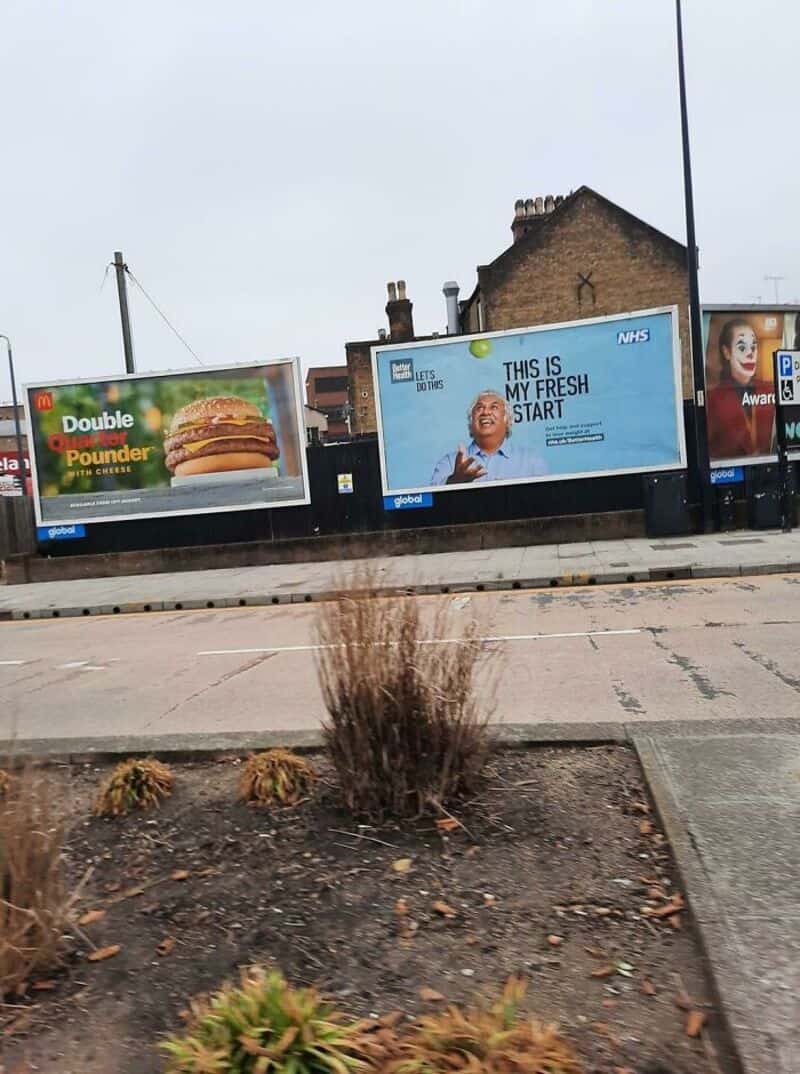 Billboards on a street with a plant in the foreground and a building in the background.
