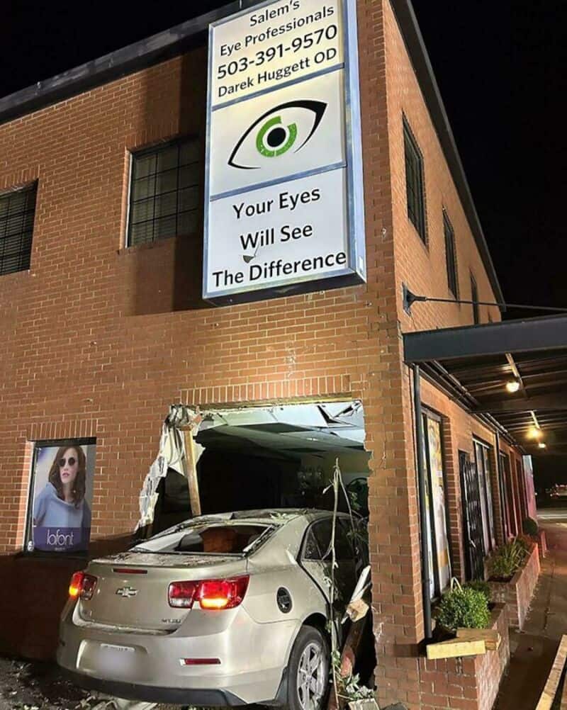 Sign for Salem's Eye Professionals and a car crash into the building.