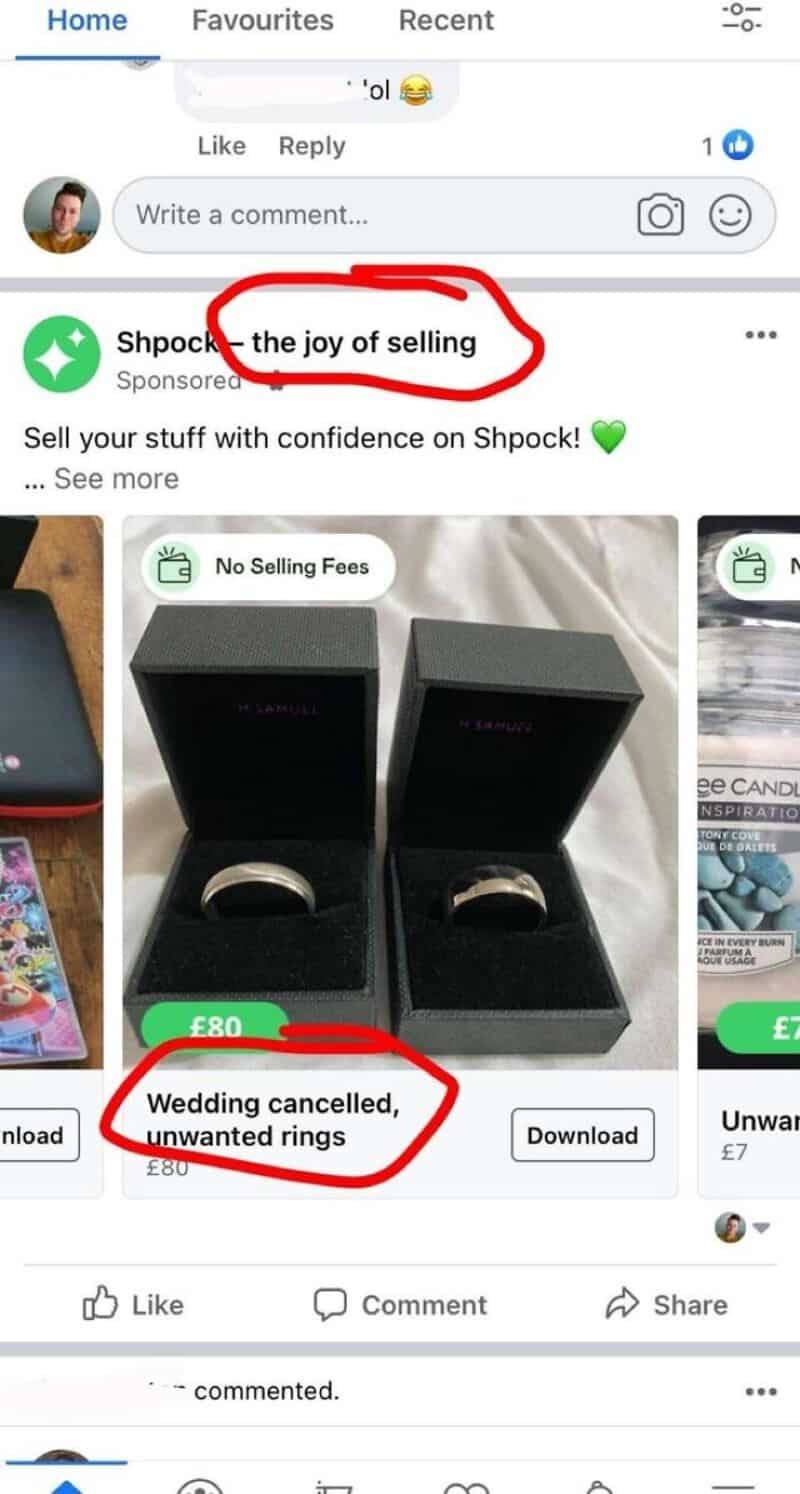 Wedding rings in black boxes with the caption 'Wedding cancelled, unwanted rings'.