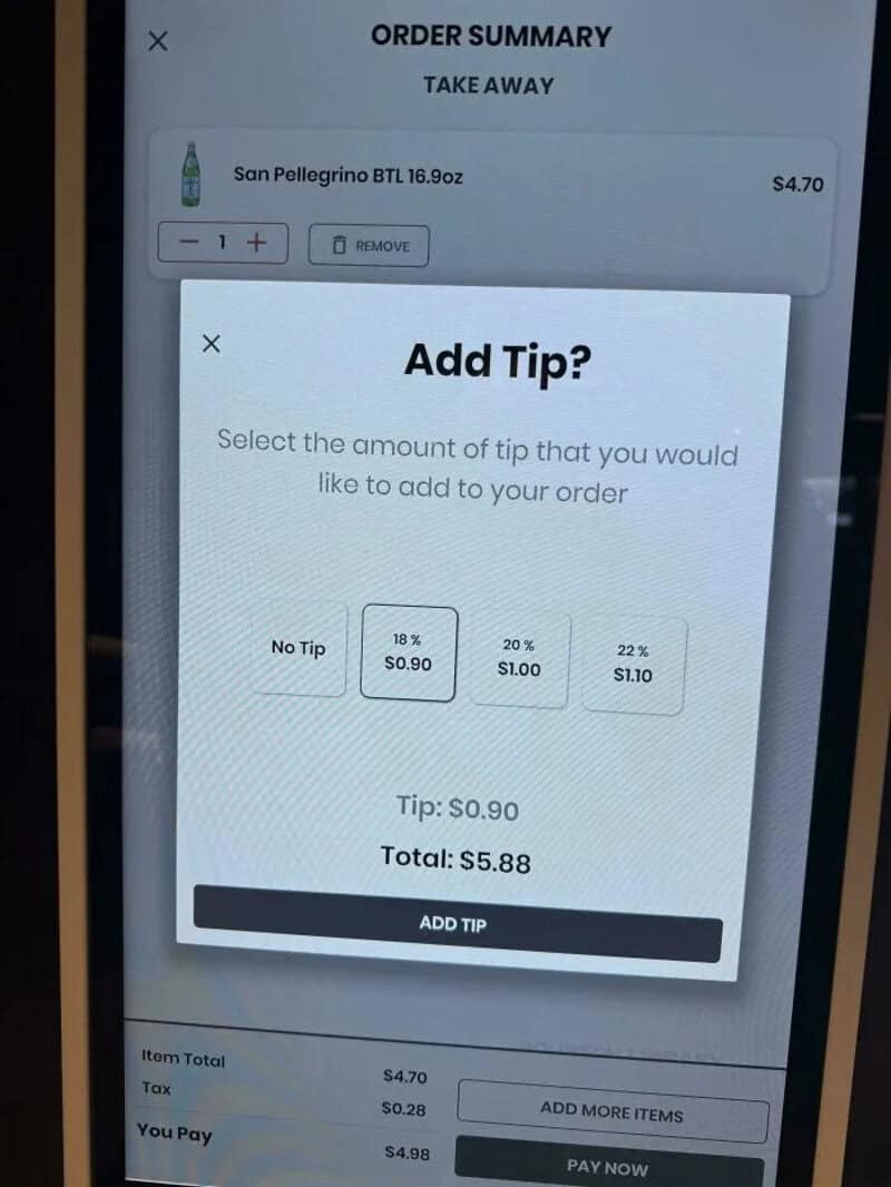 Screen showing a tip selection for a food order at an airport.