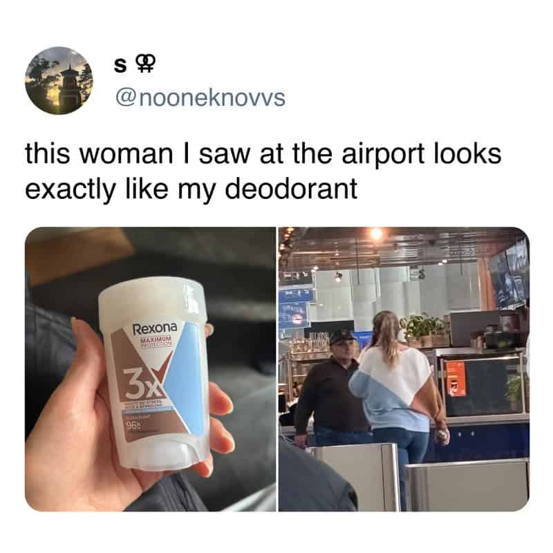 Woman at airport looks like a Rexona deodorant container.