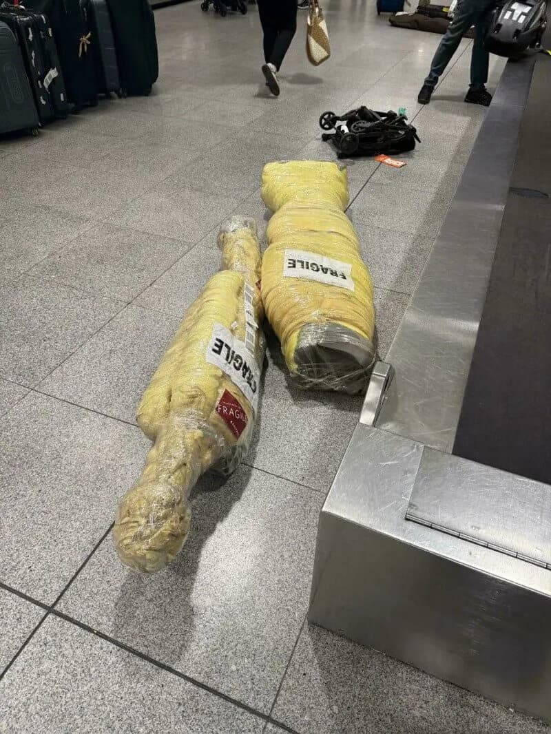 Two large wrapped packages resembling dogs at an airport terminal.