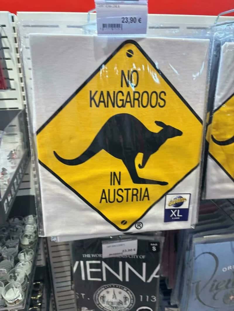 No kangaroos in Austria sign with kangaroo silhouette on yellow background.