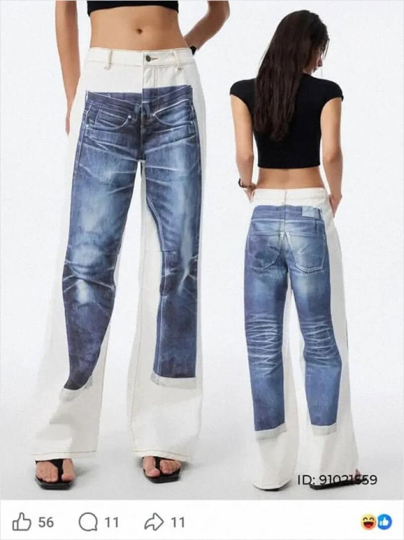 Two women wear jeans with exaggerated white fabric at the bottom, resembling oversized pants.