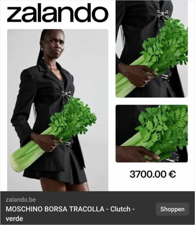 Woman holding a bunch of celery in a black blazer, Zalando logo at top.
