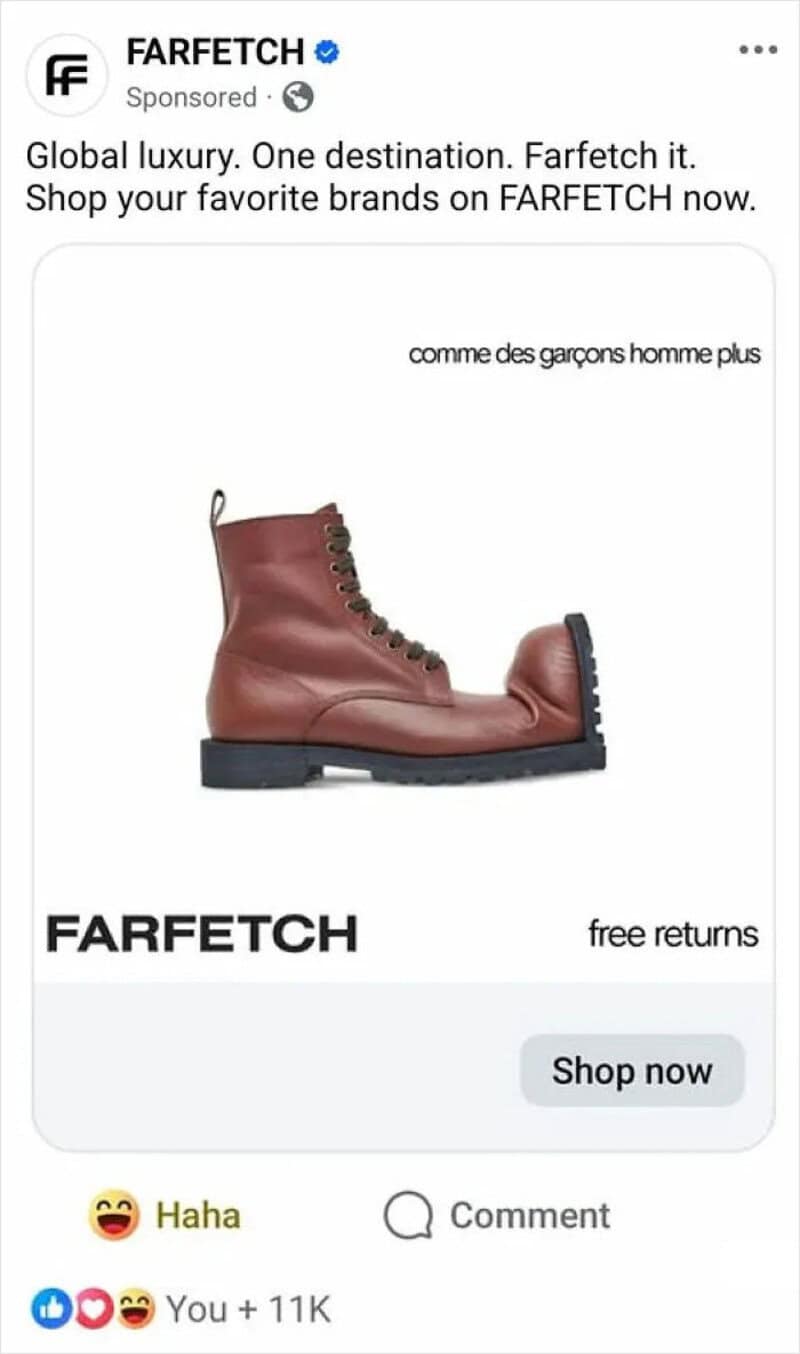 A pink combat boot with a humorous caption about men's fashion.