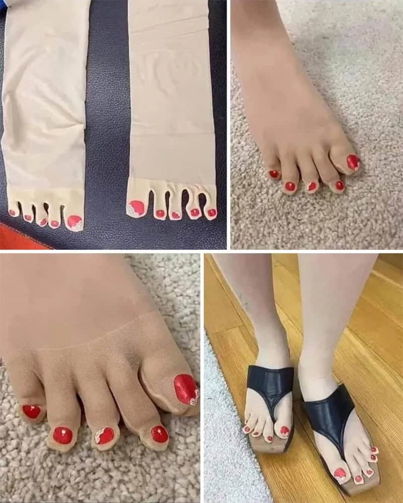 Footwear with toe designs and painted toenails, part of a clothing fail collection.