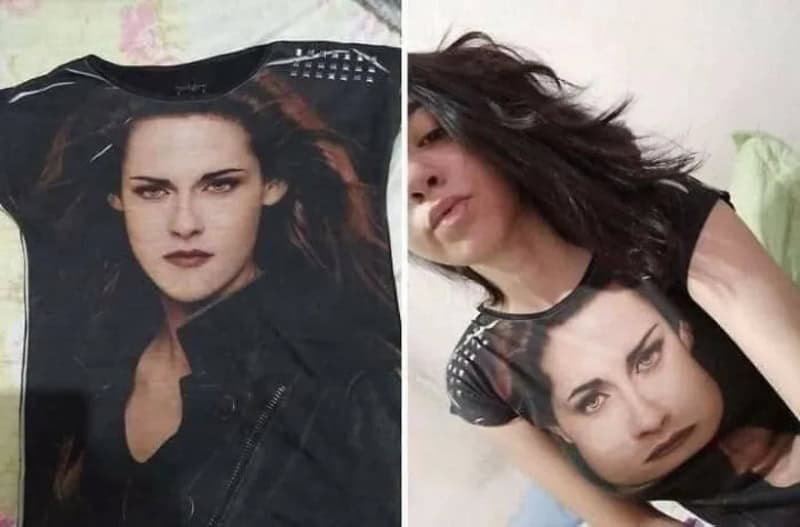 T-shirt with a woman's face print, shown on a bed and worn by a person.