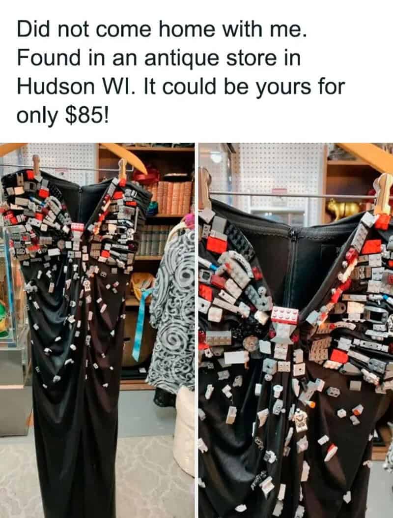 Black dress with LEGO bricks attached, sold for $85 at an antique store in Hudson WI.