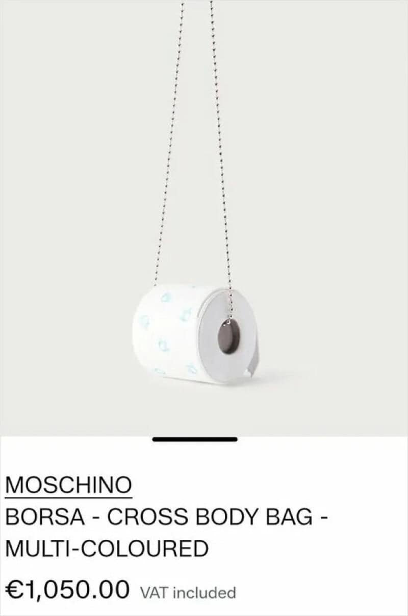 Moschino Borsa crossbody bag with multi-colored design, hanging by a chain.