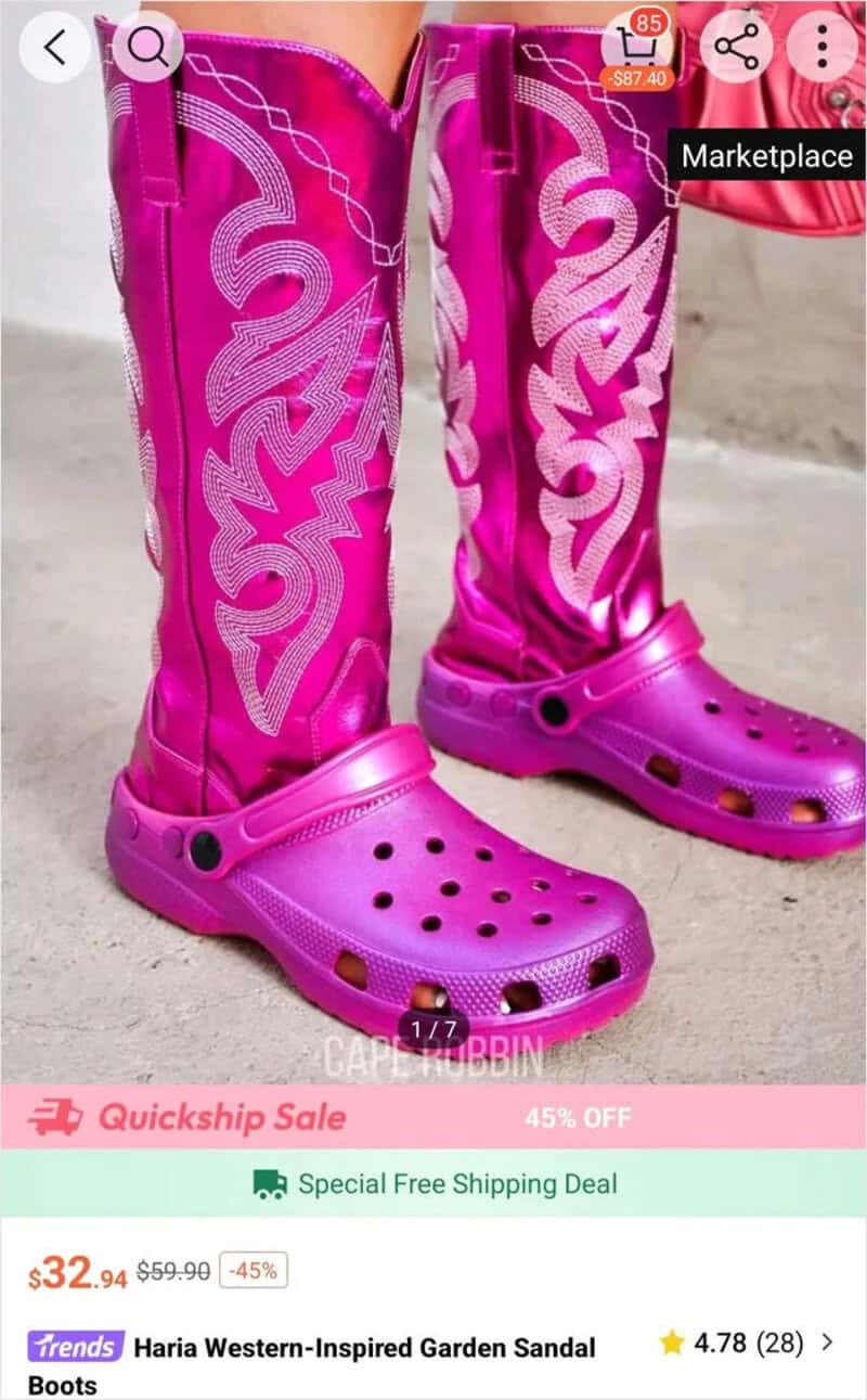Pink Western-inspired garden sandals with decorative white patterns and Crocs-style design.