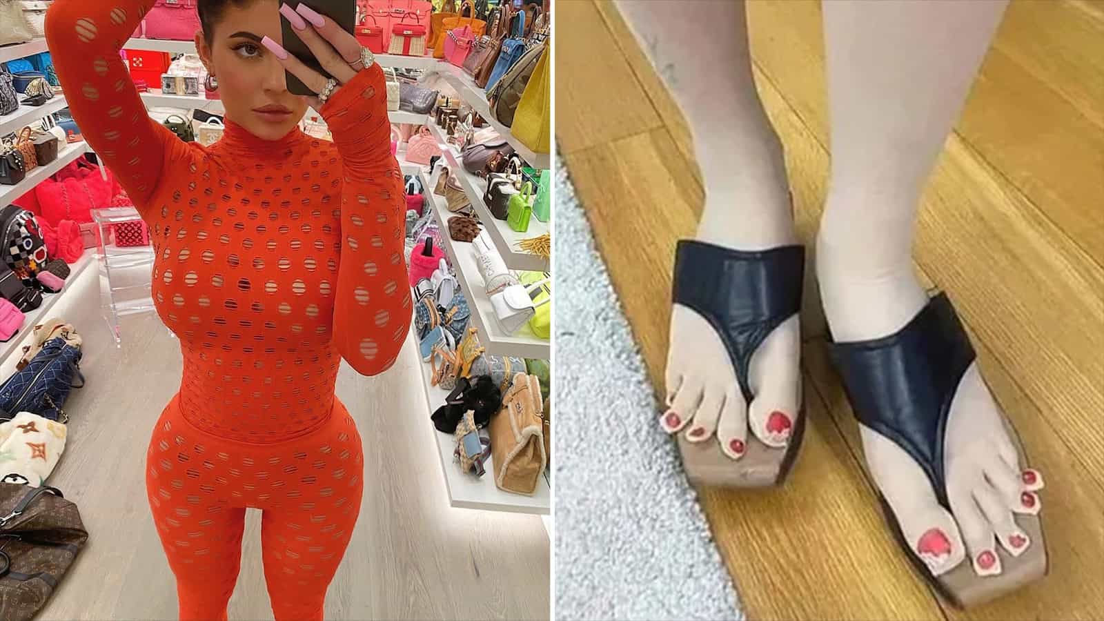 Woman in orange polka dot outfit with matching gloves taking mirror selfie.