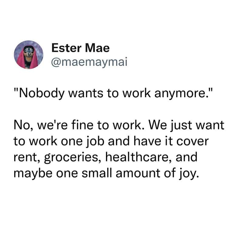 Ester Mae's tweet about work and financial struggles.