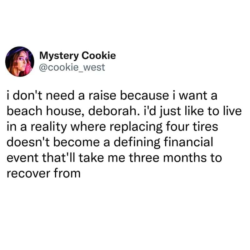 Mystery Cookie's tweet about preferring a beach house over a raise.