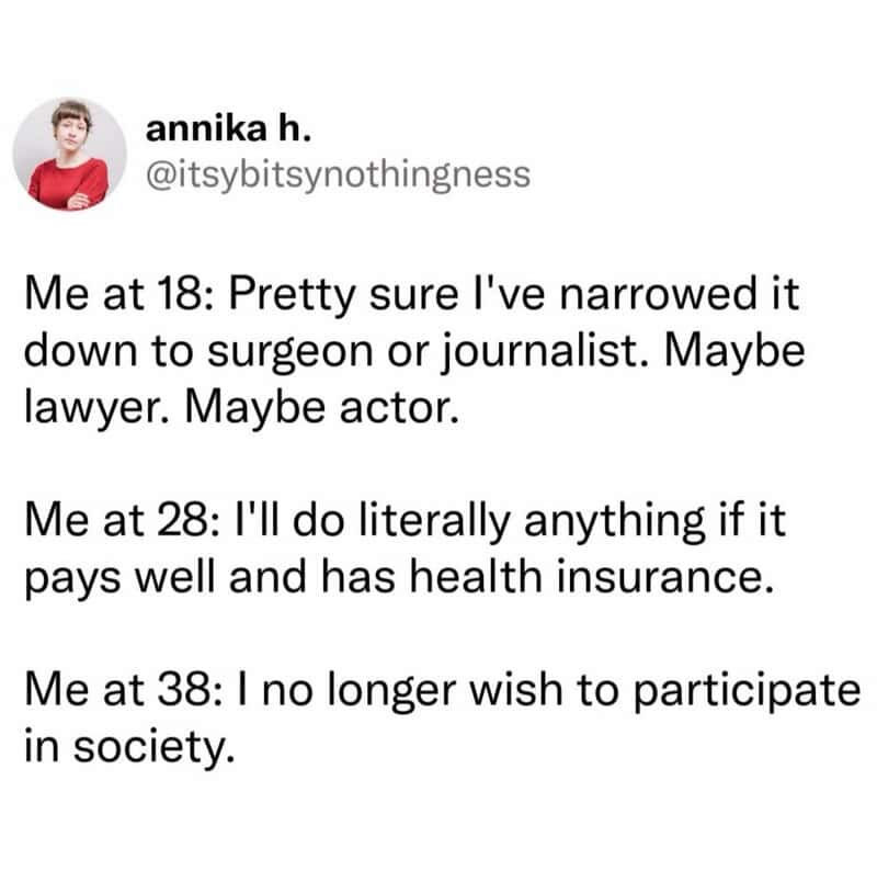 Annika H. tweets about her career doubts at 18, 28, and 38.