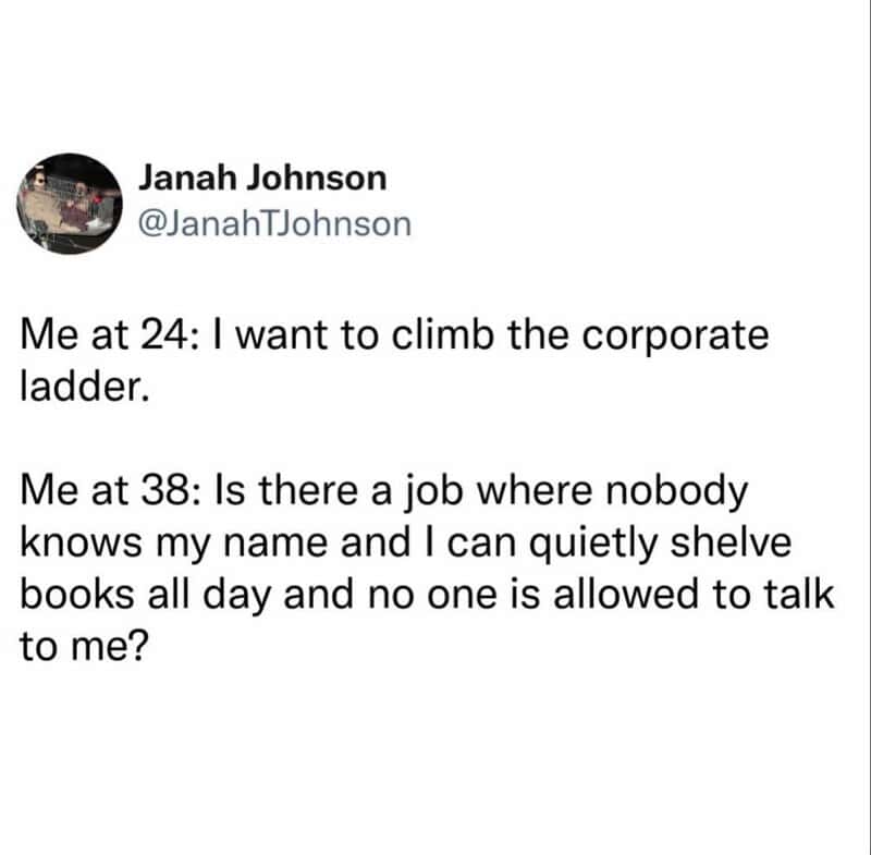 Twitter post by Janah Johnson about wanting to climb the corporate ladder and feeling unnoticed at a.