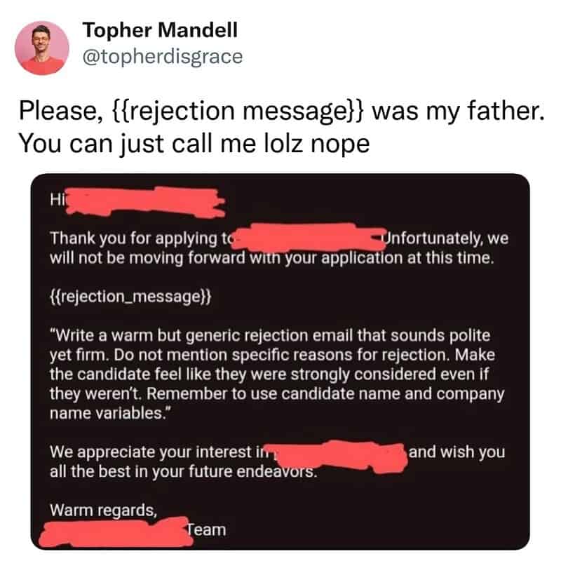 Twitter post by Topher Mandell about rejection message from a job application.