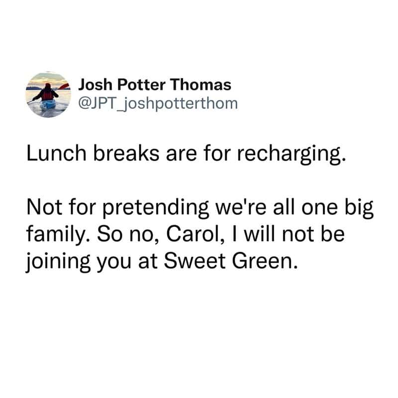 Josh Potter Thomas tweet about lunch breaks and family at Sweet Green.