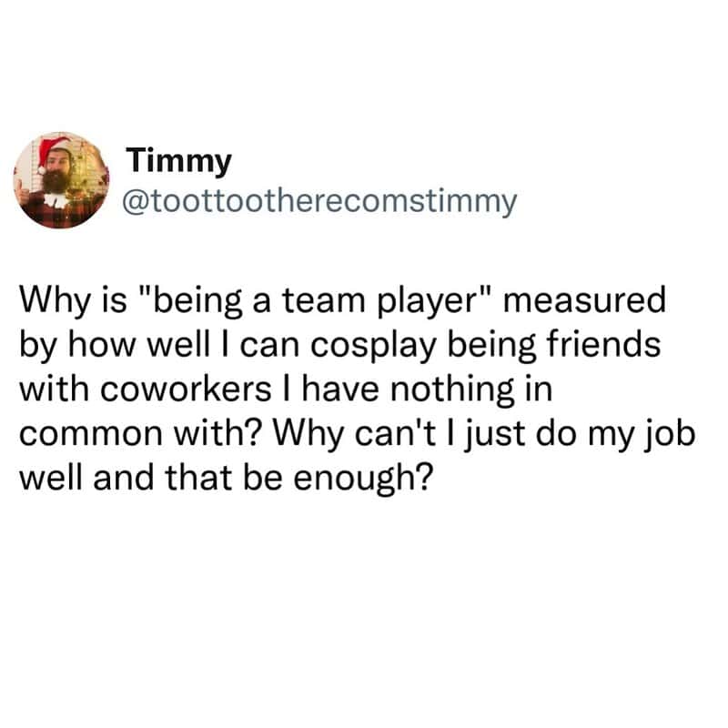 Timmy's tweet questioning the value of being a team player based on cosplay friendships.