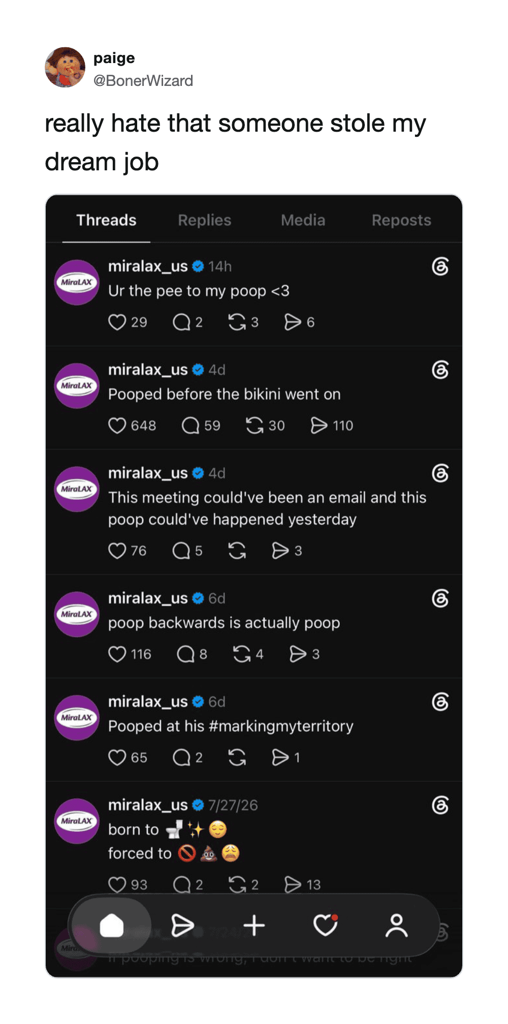 Screenshot of Twitter thread about poop, with comments and reactions.