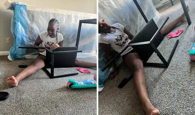 Person under a fallen chair with legs and arms visible, furniture assembly fail.