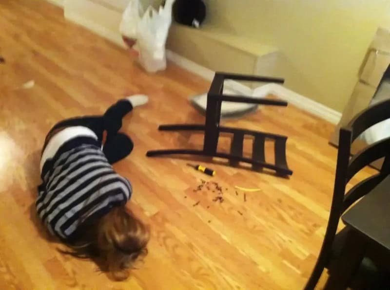 Child fallen over after chair collapse during furniture assembly.