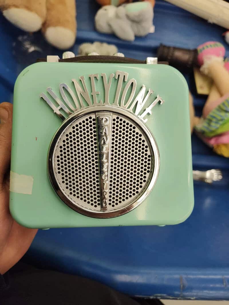 Honeytone portable speaker with mint green body and silver grille, 'HONEYTONE' on top.