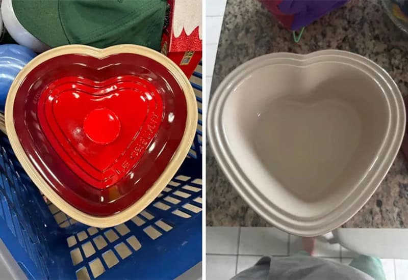 Heart-shaped plastic bowls, one red and one white, in a shopping cart and on a counter.