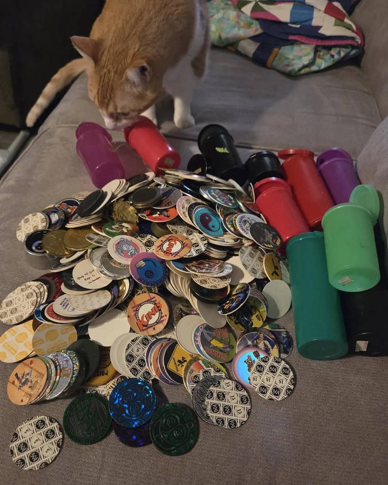 Cat sniffing a pile of bottle caps and plastic containers on a couch.