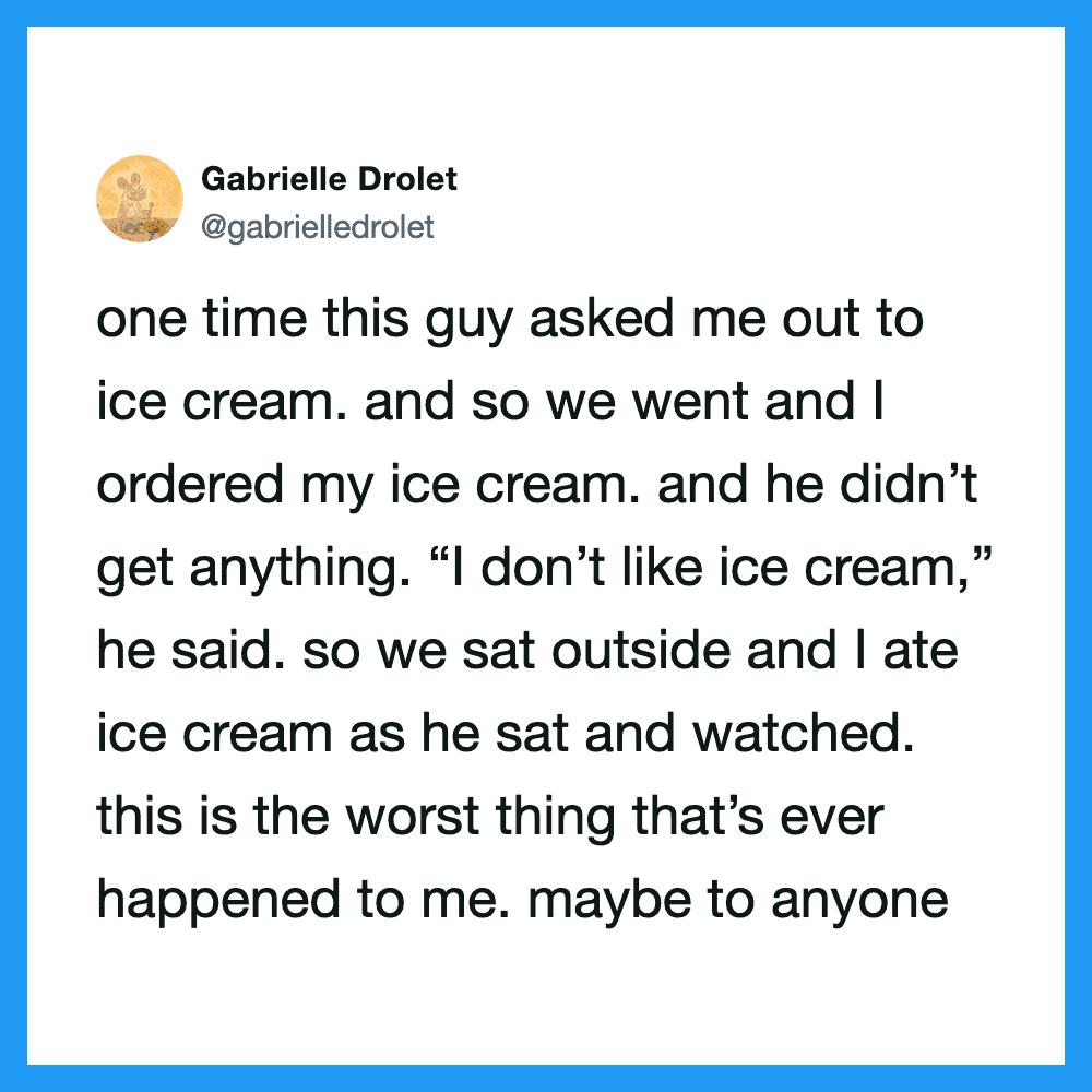 Twitter post about a bad ice cream date, with a person sitting outside eating ice cream.