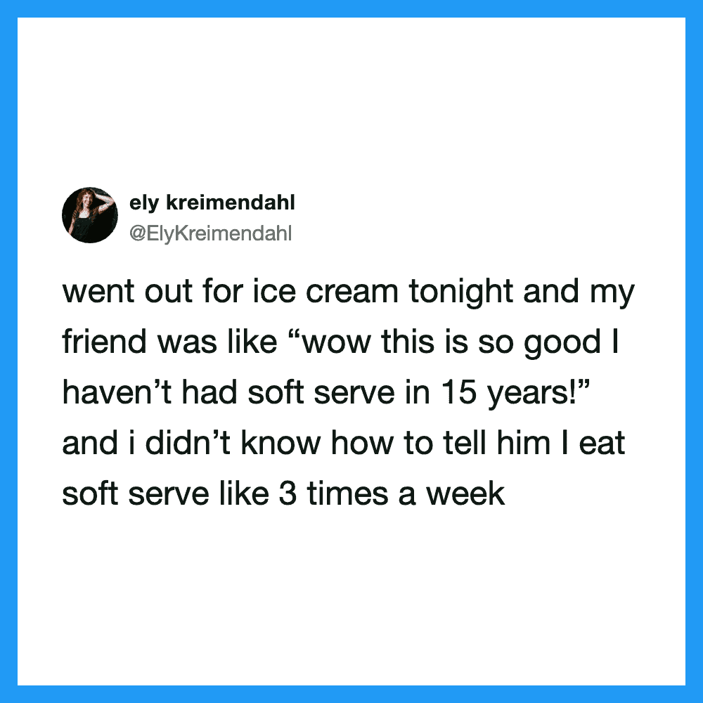 A tweet about eating soft serve ice cream, mentioning a friend’s reaction.