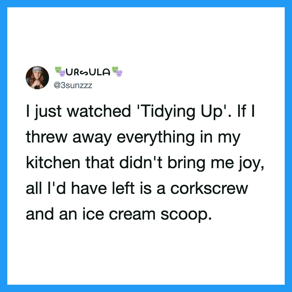 Twitter post about tidying up, mentioning a corkscrew and ice cream scoop.