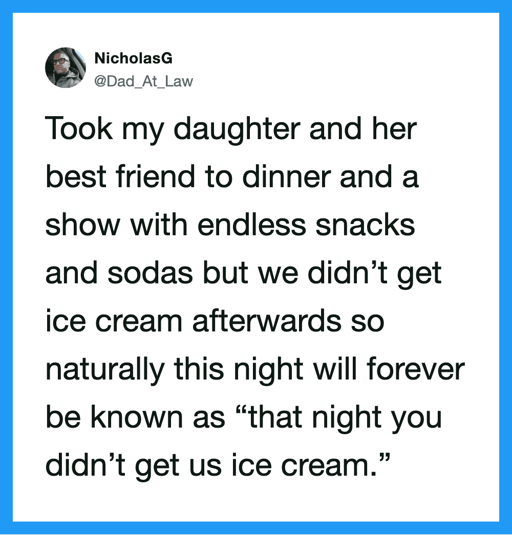Twitter post about missing ice cream after dinner with daughter and her friend.