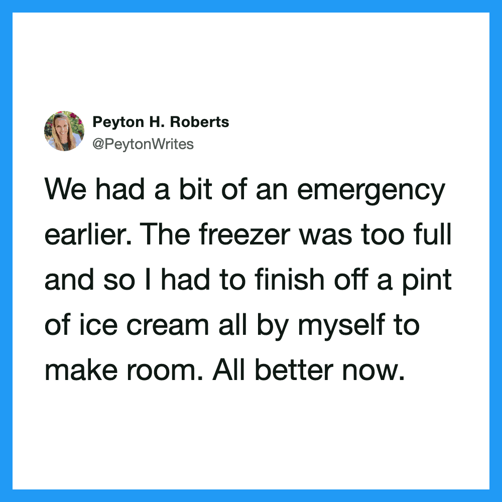 Twitter post about emergency ice cream situation, mentioning a full freezer and making room.