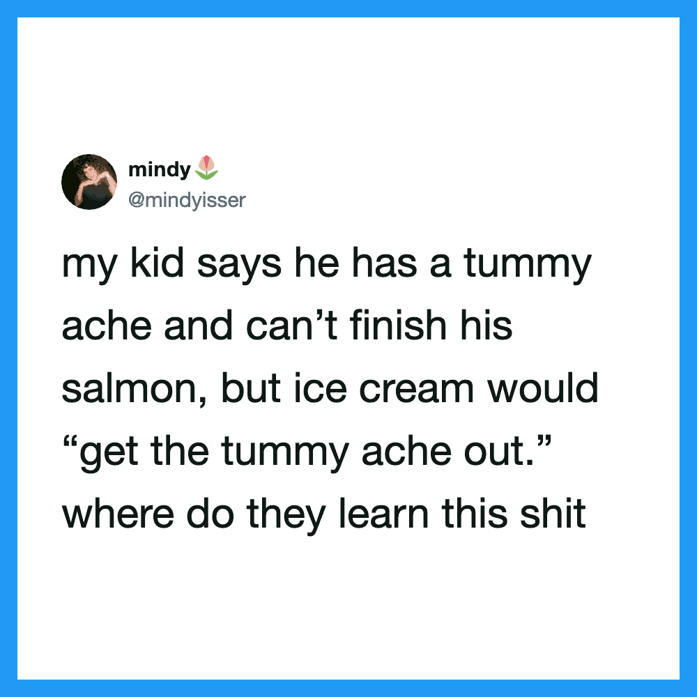 A tweet about a kid with a tummy ache and ice cream, from mindy, @mindyisser.