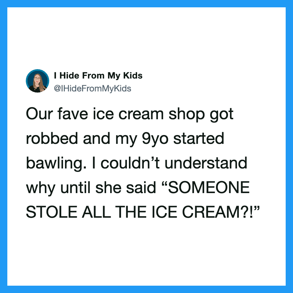 A tweet about a stolen ice cream shop, involving a 9-year-old girl crying.