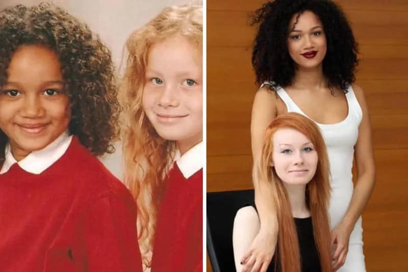Two girls with curly hair, one with dark and one with light hair, in school uniforms and casual wear.