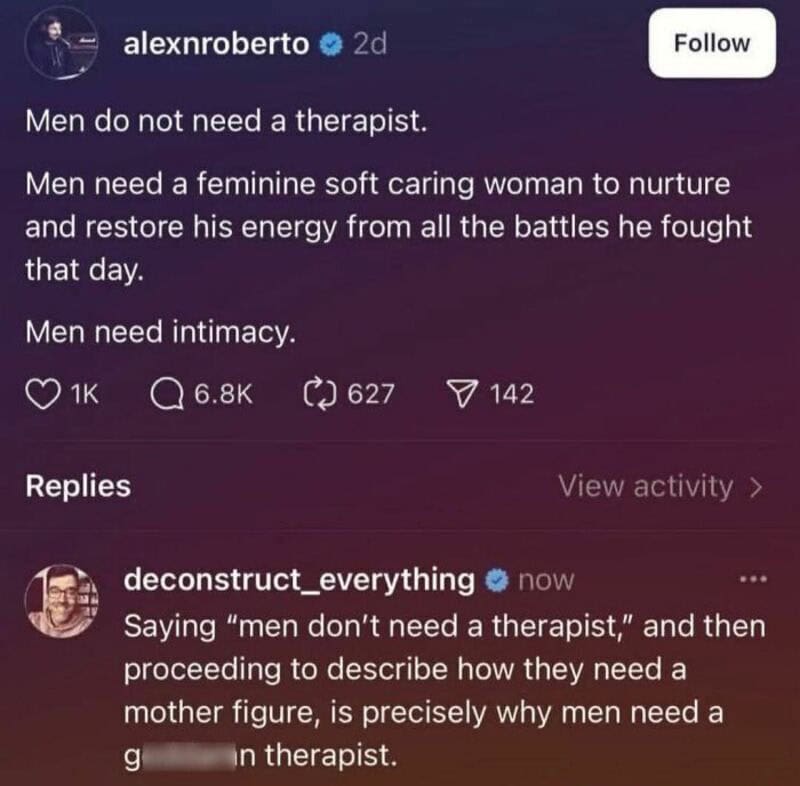 Instagram post discussing men's emotional needs and therapy.