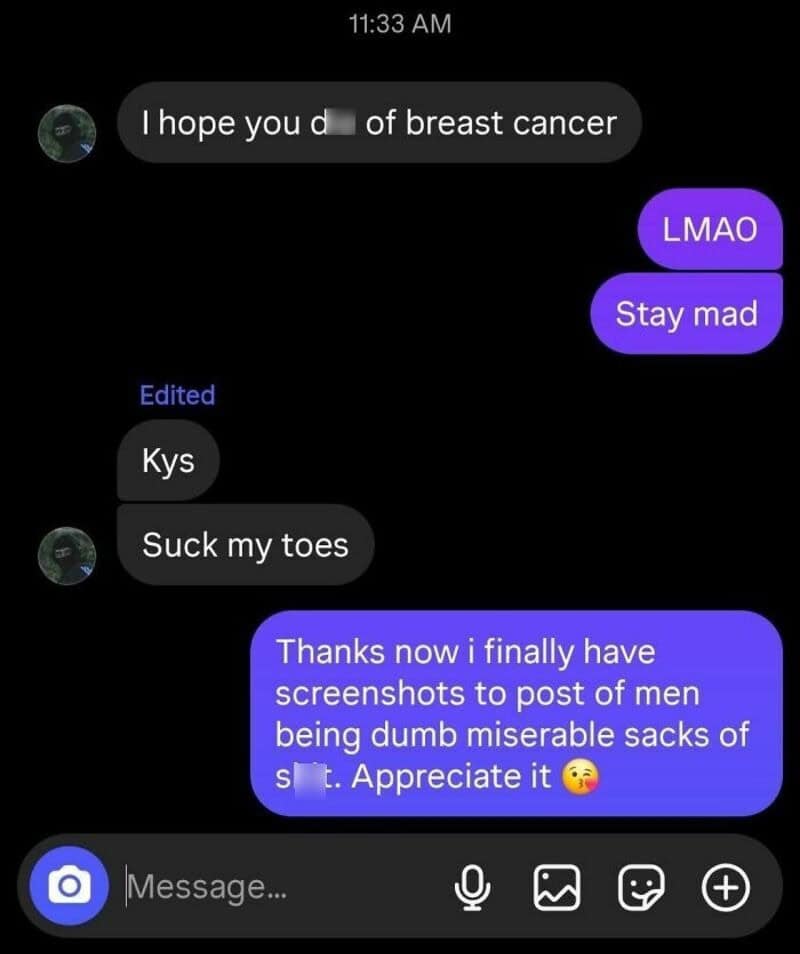 Screenshot of a harsh and offensive text message exchange.