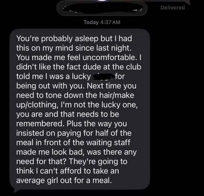 Text message about feeling uncomfortable and being judged for going out.