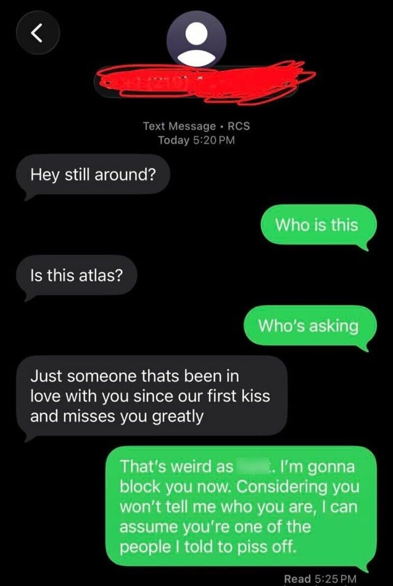 Text message conversation about love and being blocked.