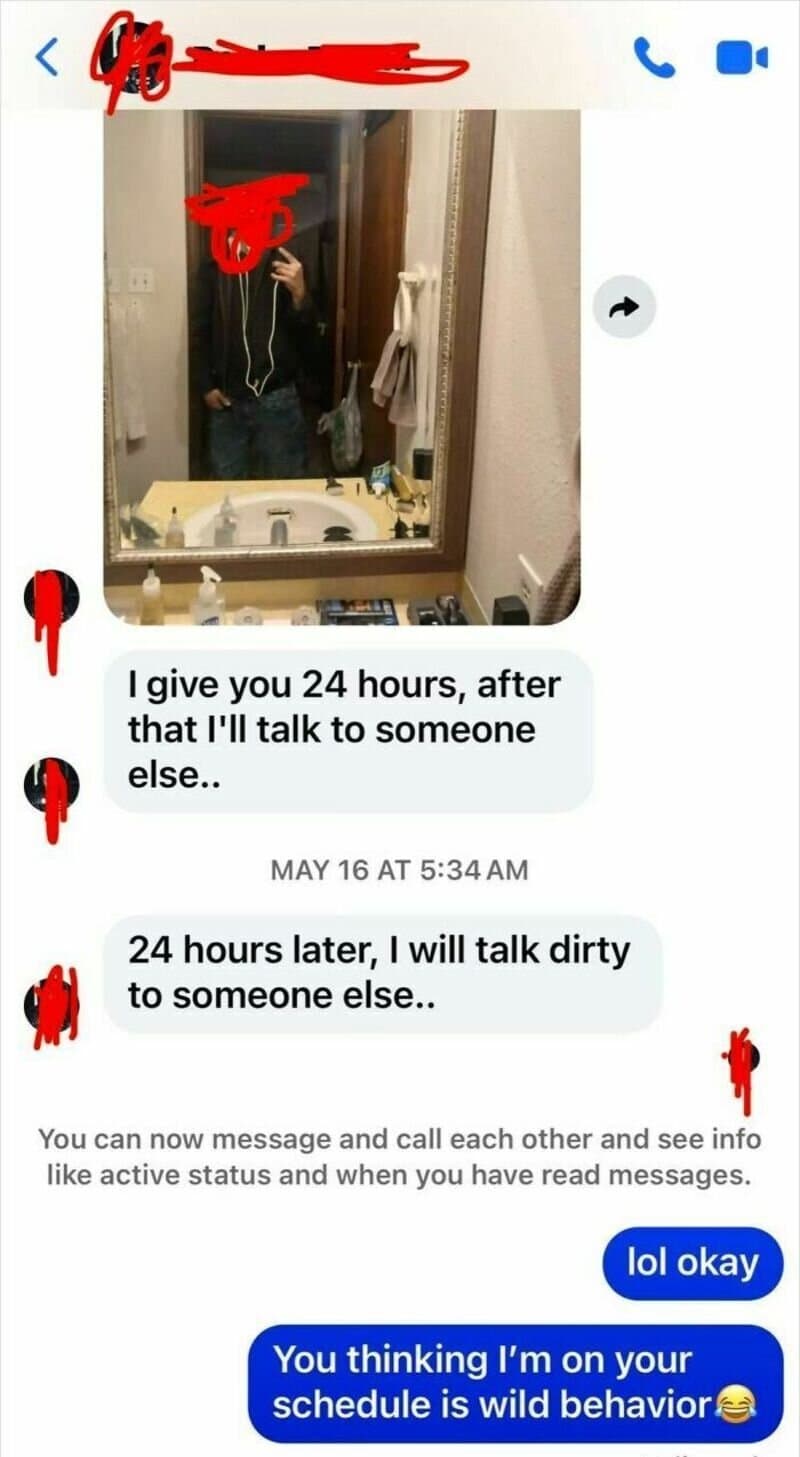 Text conversation about giving 24 hours and talking dirty, with red scribbles over some parts.