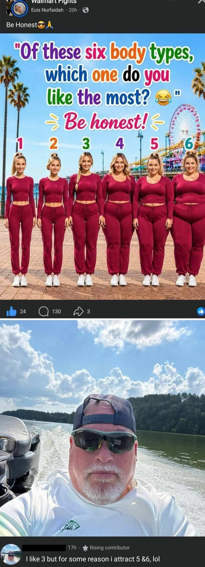 Six women in matching pink outfits standing in a line with colorful text above them.