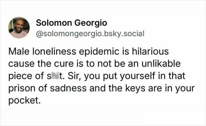 Solomon Georgio's tweet about male loneliness and sadness.