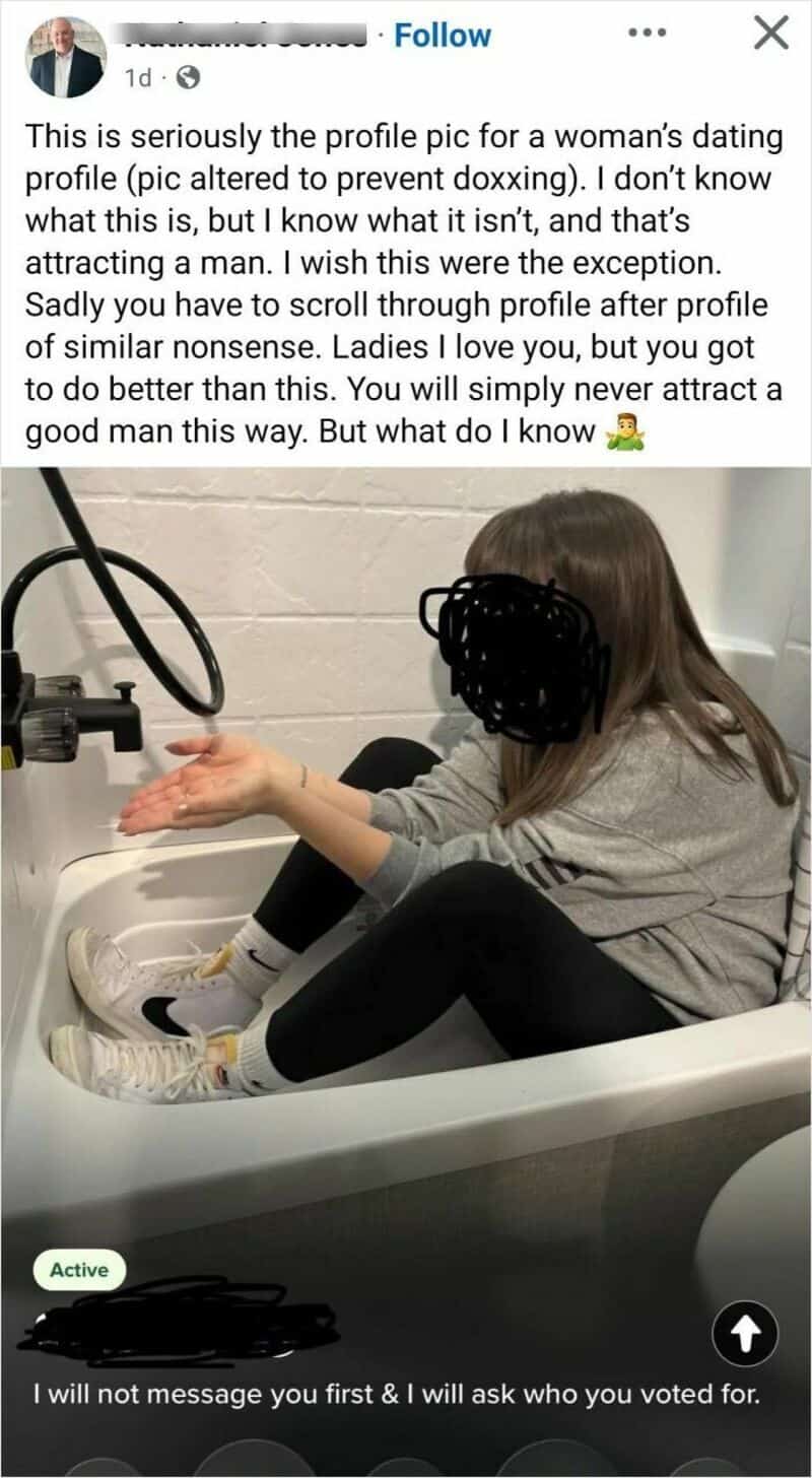 Profile picture of a woman with long hair sitting in a sink, with her face blacked out.